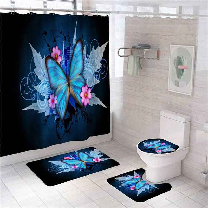 Shower Curtain Set 4-Piece Floral  or Butterfly Style with Non-Slip Bath Rugs, U-Shaped Mat, & Toilet Lid Cover