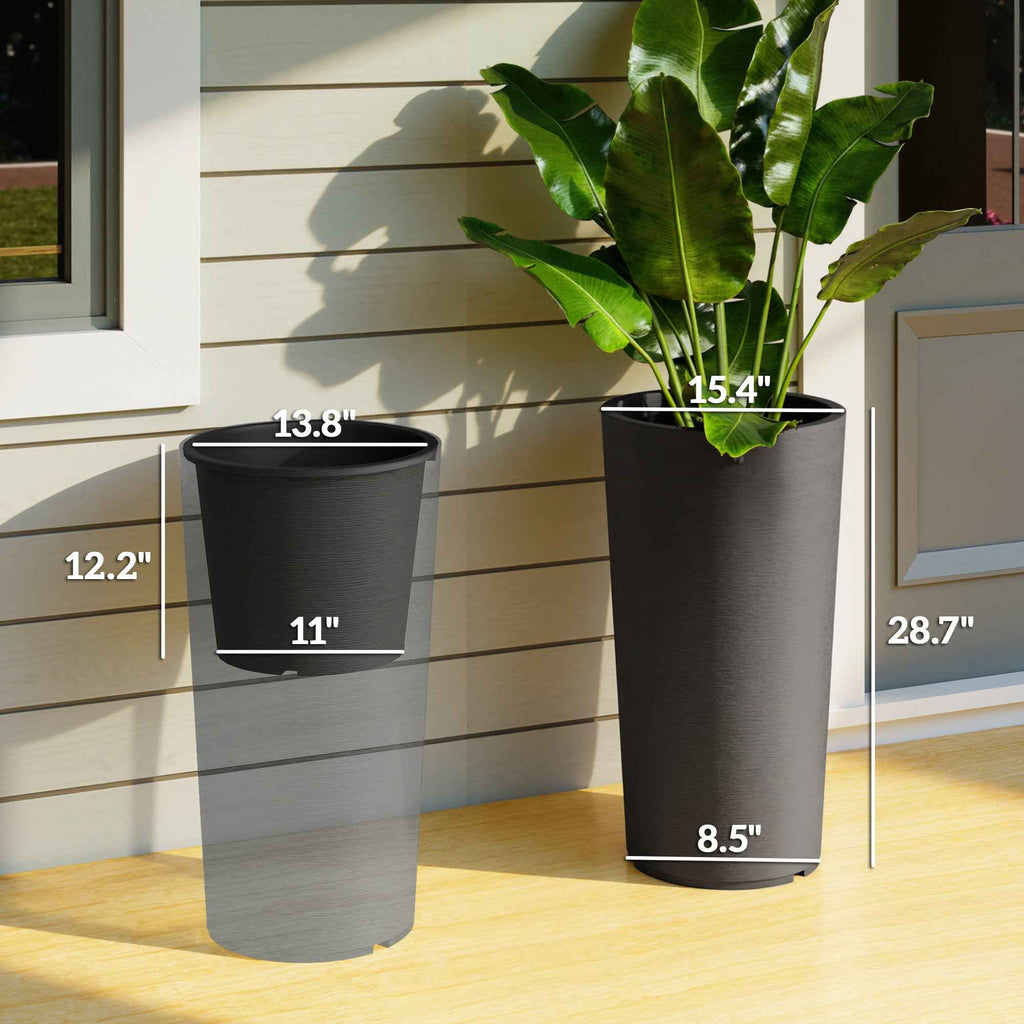 29 Inch Outdoor Planter, Set Of 2 Plastic Flower Pots, Weather And UV Resistant Stackable Large Planters, Black
