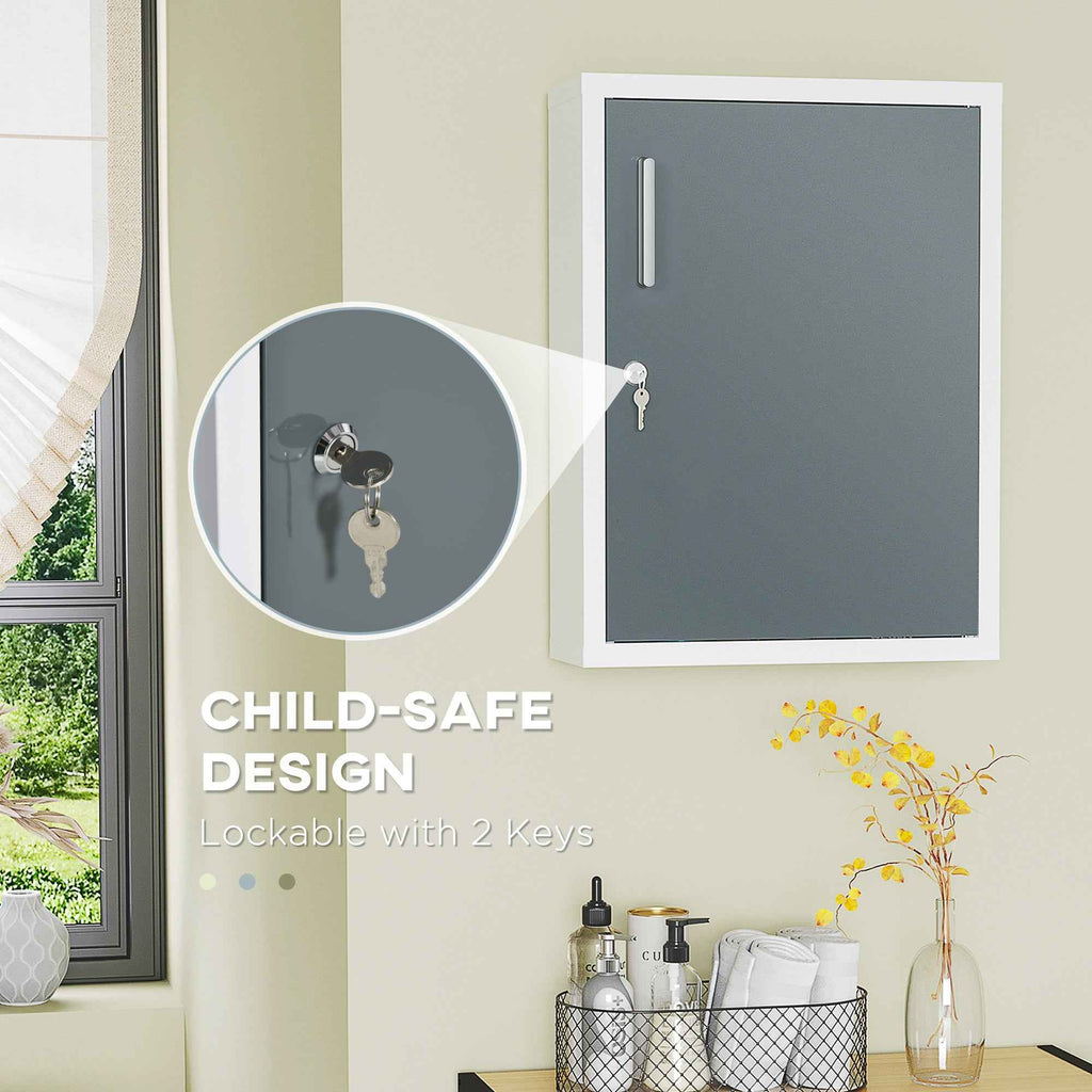 Wall-Mounted Locking Medicine Cabinet with Door Shelves (White/Gray) - Child Safe