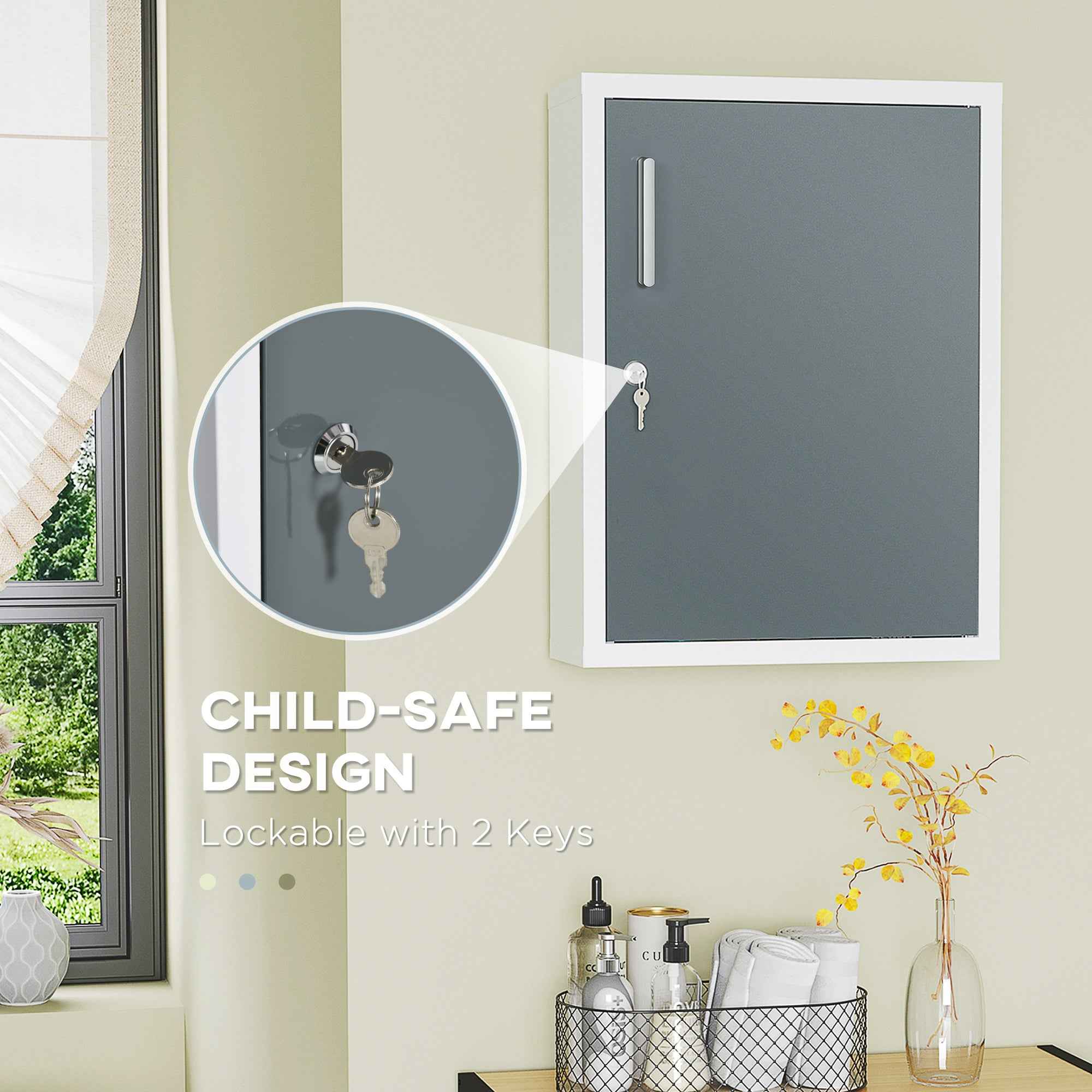 Wall-Mounted Locking Medicine Cabinet with Door Shelves (White/Gray) - Child Safe