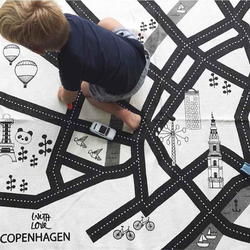 Highway Kids' Play Mat | 100% Cotton Canvas | City Road Map & Toy Car Rug