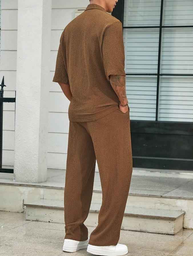 Men’s 2-Piece Summer Commuter Suit | Short-Sleeve Casual Top & Loose Straight Trousers Set