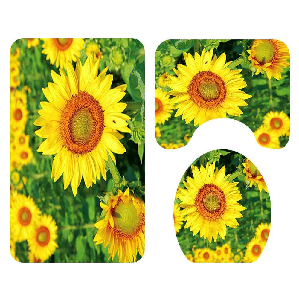 4-Piece Sunflower Shower Curtain Set with Non-Slip Bathroom Rugs & Toilet Lid Cover – Yellow Floral Waterproof Bath Decor