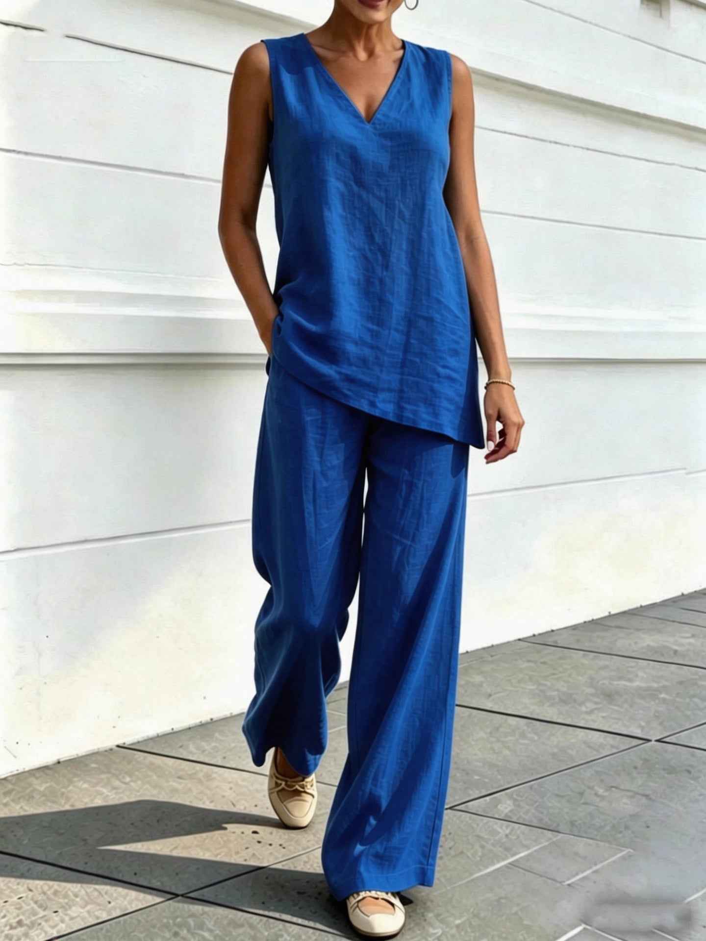 Womens V-neck Sleeveless Cotton-Linen Top And Wide-Leg Pants Set