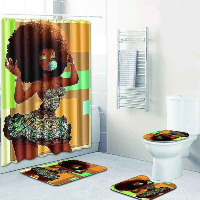 Creative African Culture 4-Piece Bathroom Set – Waterproof Shower Curtain, Non-Slip Bath Mat & Rugs
