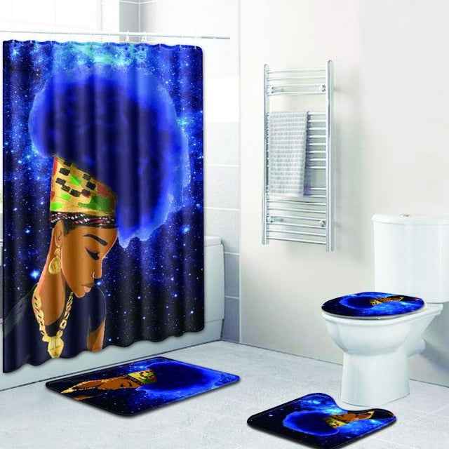African American Girl 4-Piece Shower Curtain Set with Non-Slip Bath Mat, Toilet Lid Cover & U-Shape Rug – Waterproof Fabric Bathroom Decor