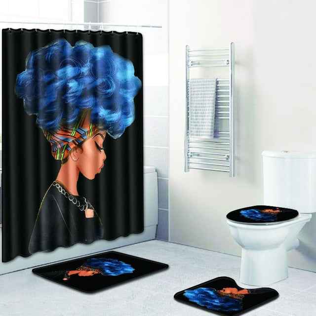 African American Girl 4-Piece Shower Curtain Set with Non-Slip Bath Mat, Toilet Lid Cover & U-Shape Rug – Waterproof Fabric Bathroom Decor
