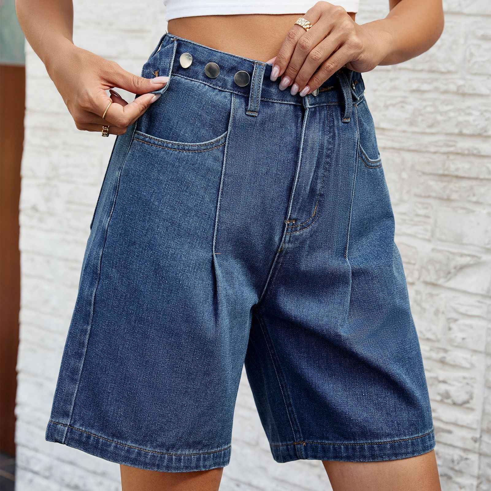 Women's Loose Adjustable Waist Denim Shorts | Wide Leg Casual Five-Point Jean Pants