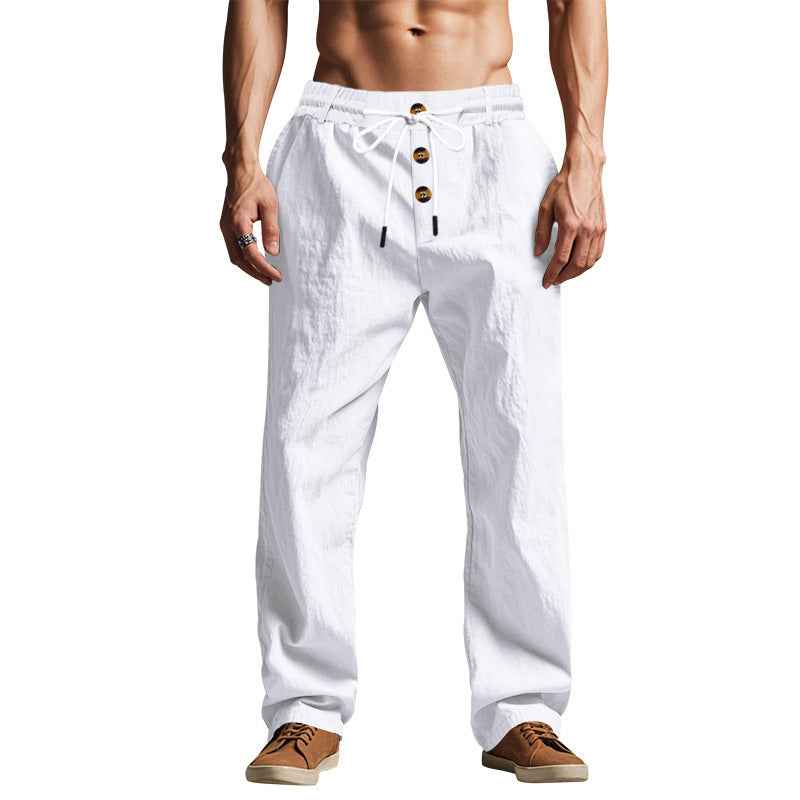 Men's Solid Button Design Linen Pants - Casual Comfy Breathable Beach & Holiday Trousers