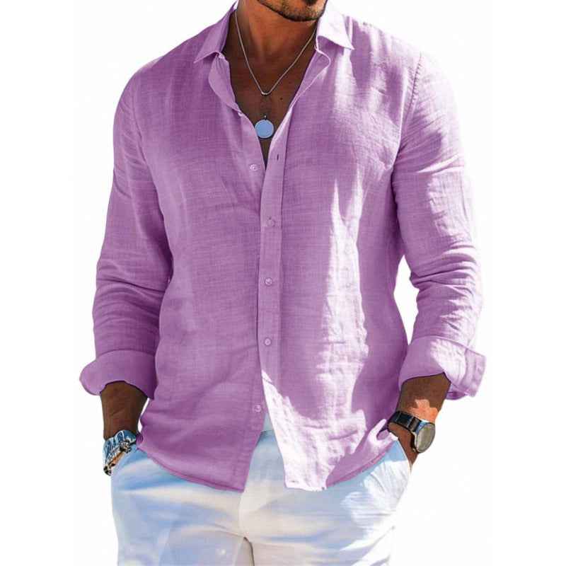 Men's Casual Long Sleeve Button-Down Shirt – Solid Color Loose Fit Lapel
