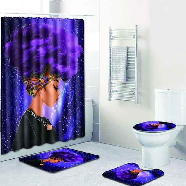 African American Girl 4-Piece Shower Curtain Set with Non-Slip Bath Mat, Toilet Lid Cover & U-Shape Rug – Waterproof Fabric Bathroom Decor