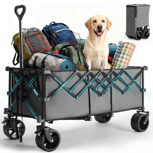 300L Folding Wagon Cart With 440lb Capacity, Big 7" All-Terrain Wheels & Drink Holders