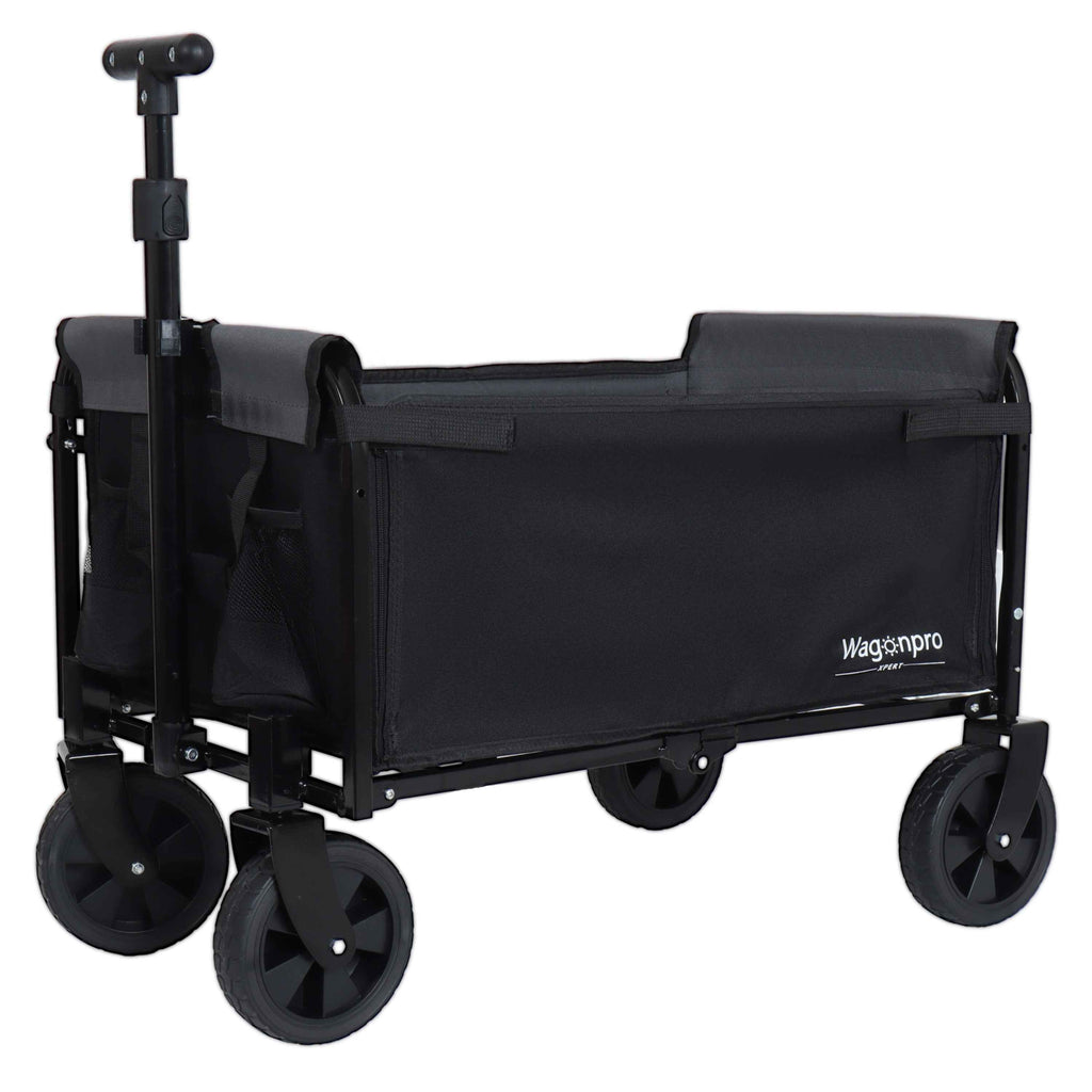 All-In-One Convertible Folding Camping Wagon Cart with Bench Seat, Storage Compartment & Dog Tether (Black/Gray)