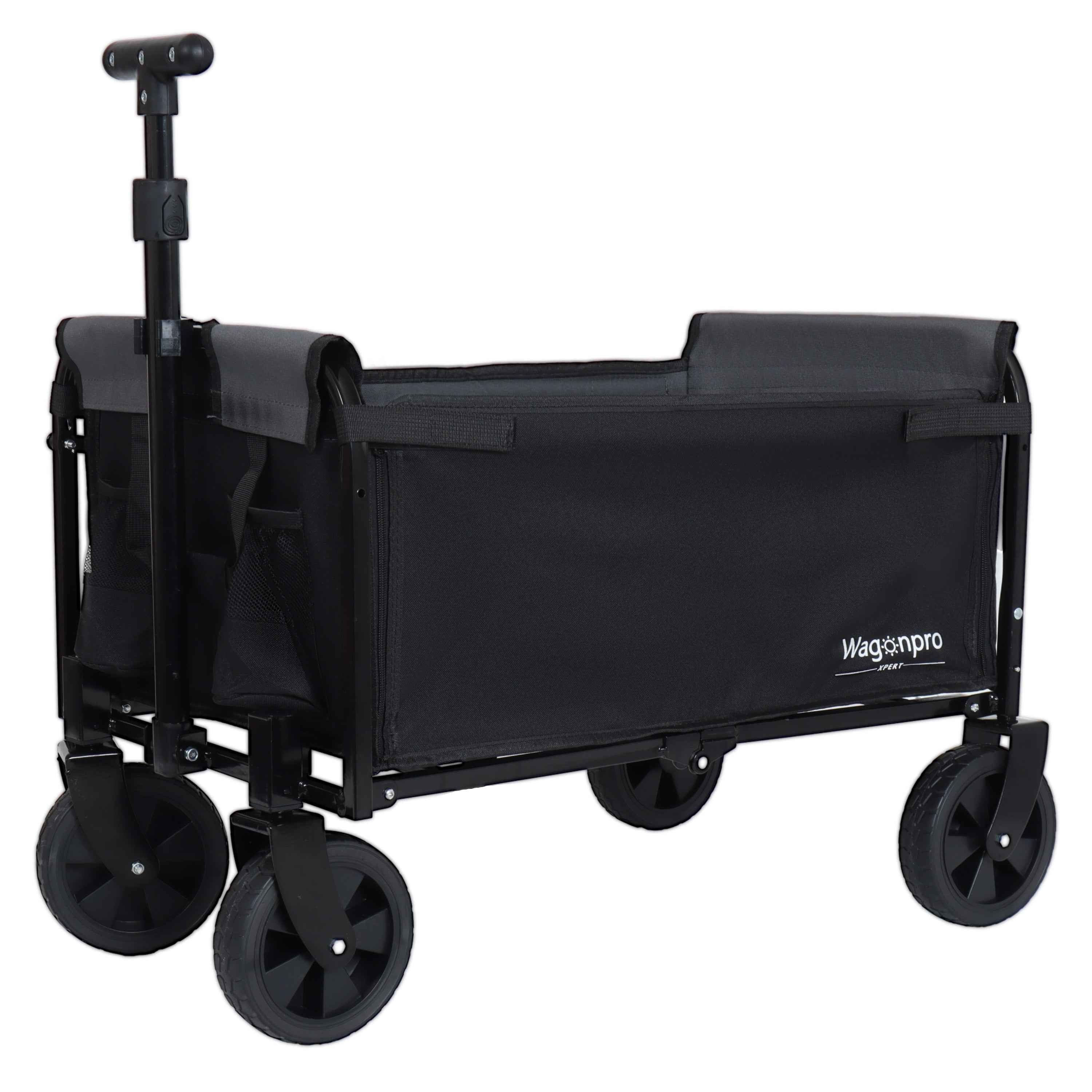 All-In-One Convertible Folding Camping Wagon Cart with Bench Seat, Storage Compartment & Dog Tether (Black/Gray)