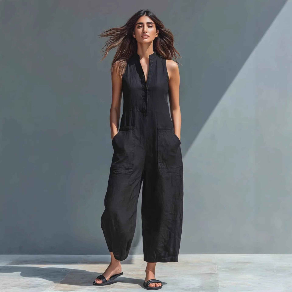 Women's Summer Sleeveless V-Neck Jumpsuit - Casual Wide-Leg Overalls with Pockets & Buttons