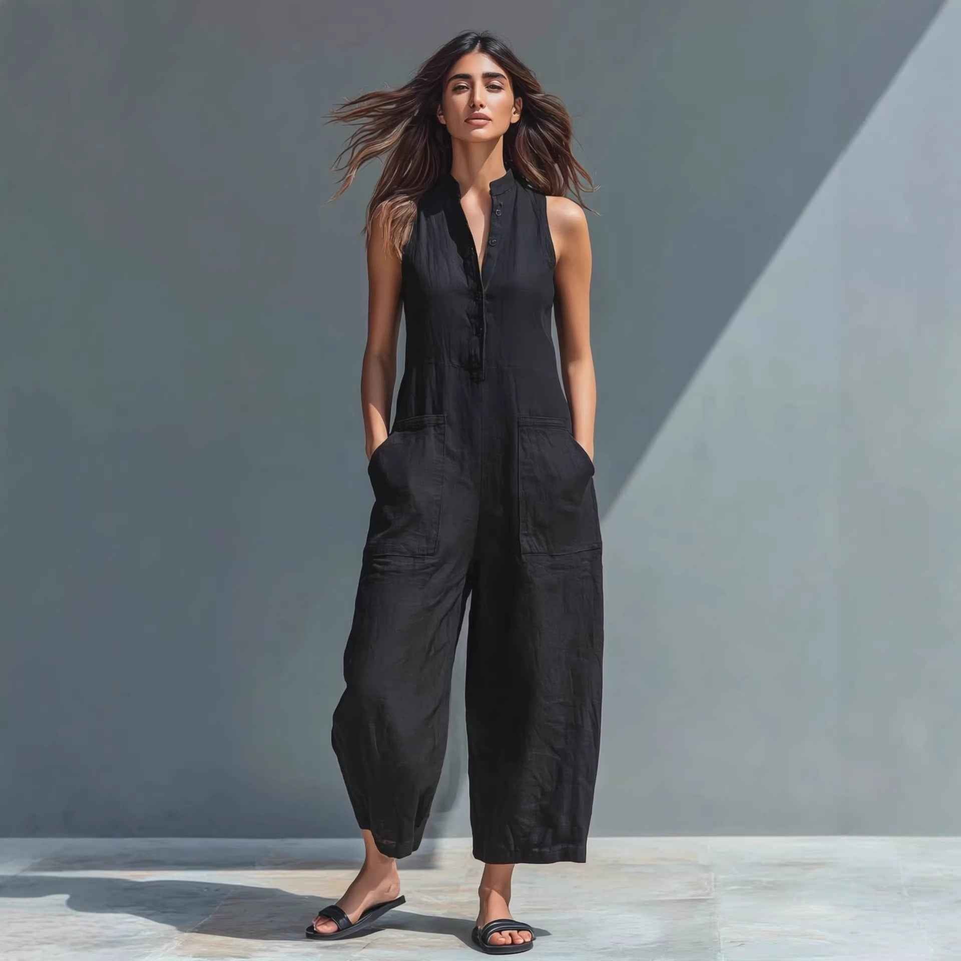 Women's Summer Sleeveless V-Neck Jumpsuit - Casual Wide-Leg Overalls with Pockets & Buttons