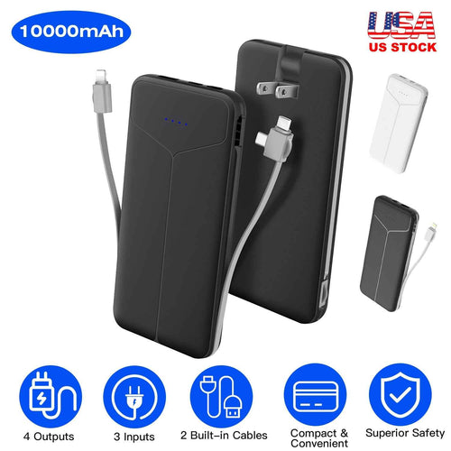 10000mAh Portable Charger with Built-in Cables & US Plug – Fast External Battery Pack
