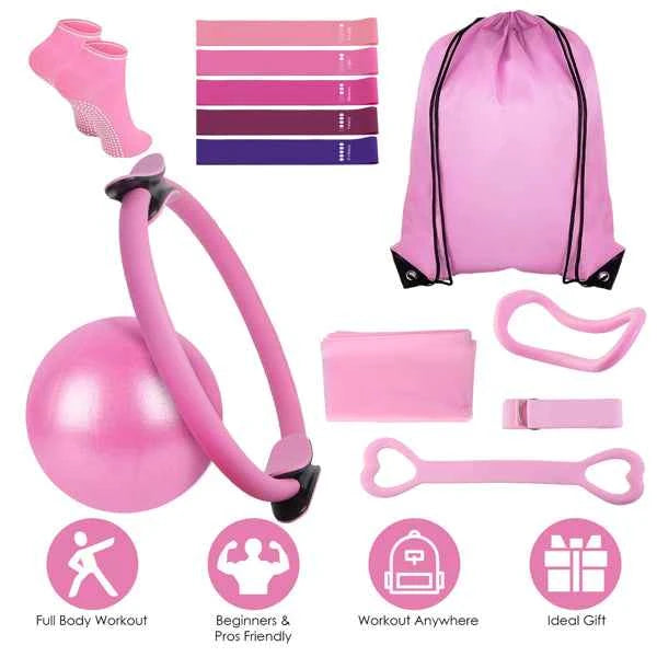 All-in-One 14Pcs Pilates Kit with Ring, Yoga Ball & Resistance Bands + Carry Bag