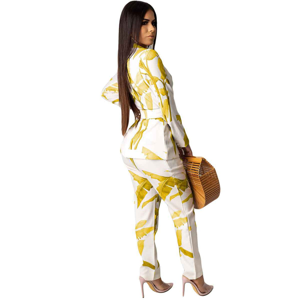 Women's Tropical Palm Print Suit | Long Sleeve Jacket & Trouser Set