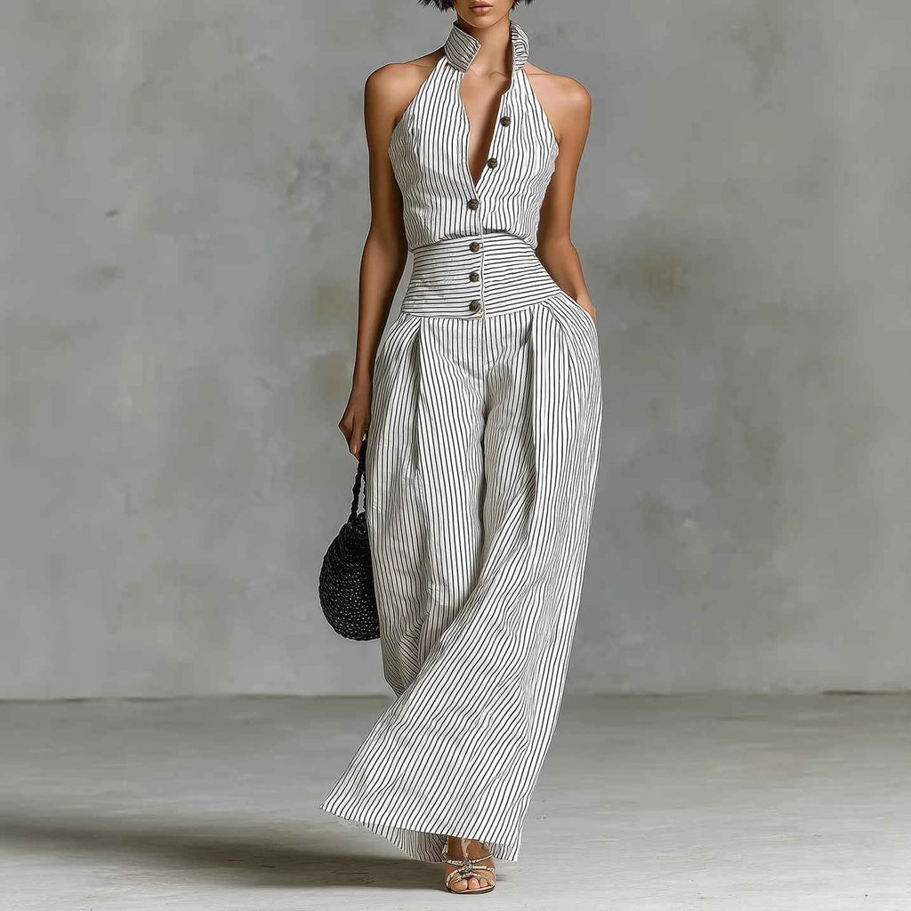 Women's Button-Front Halter Wide-Leg Jumpsuit | Sleeveless High-Waisted Romper