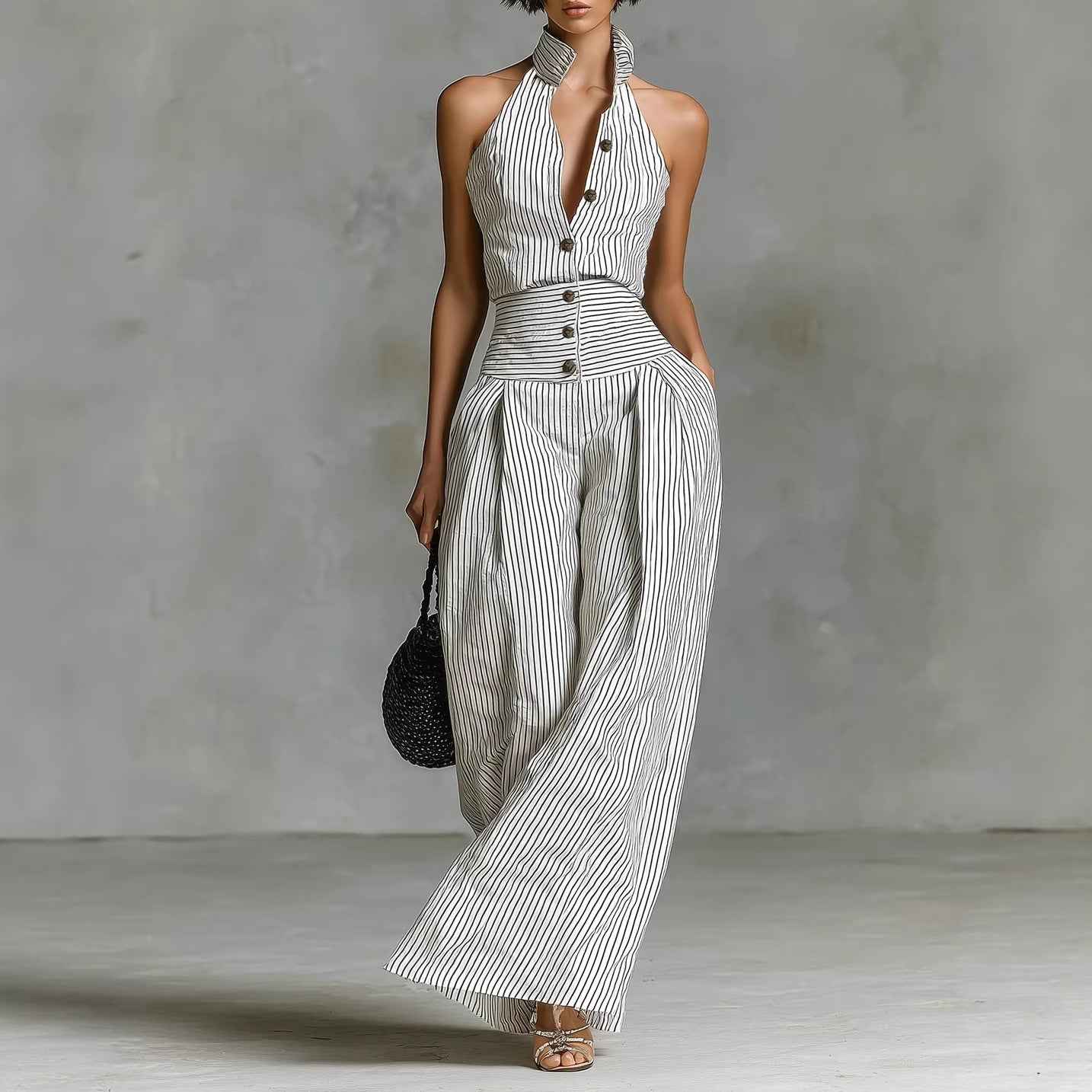 Women's Button-Front Halter Wide-Leg Jumpsuit | Sleeveless High-Waisted Romper