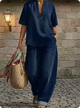 Women's Denim 2-Piece Set | Short Sleeve V-Neck & Wide Leg