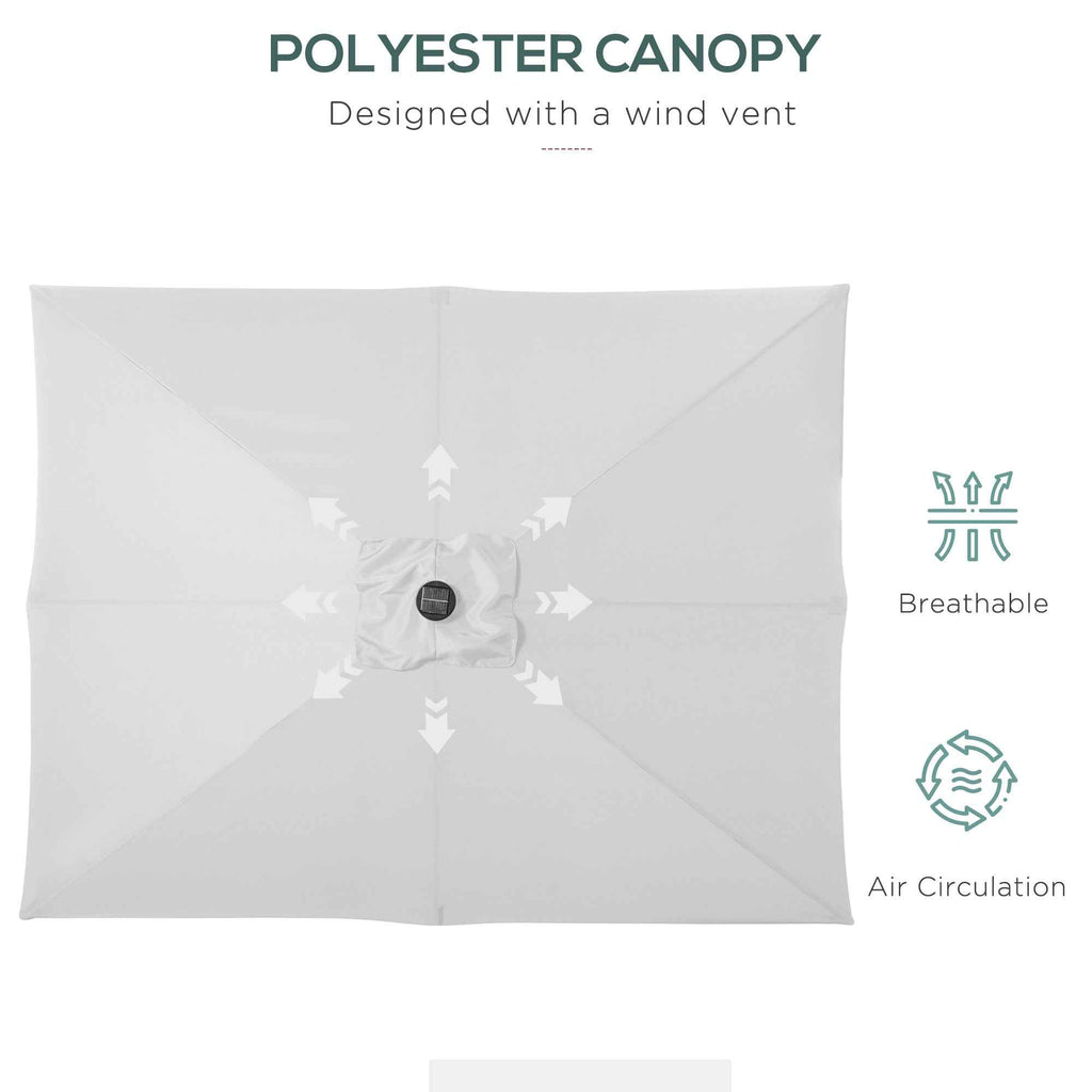 9 x 7 Patio Umbrella Outdoor Table Market Umbrella with Crank, Solar LED Lights, 45° Tilt, Push-Button Operation, for Deck, Backyard, Pool and Lawn, White