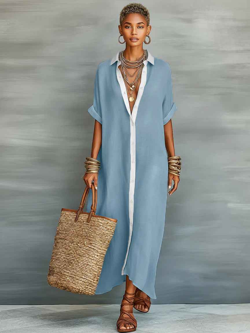 Women's Color-Block Loose Linen Maxi Dress | Fashionable & Casual Long Sundress