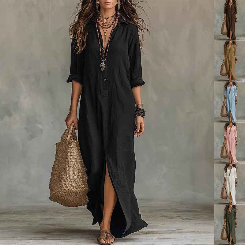Spring Summer Cross-Border Casual Solid Color Notched Lapel Front Split Long Dress, Trendy Women's Fashion, Comfortable & Stylish