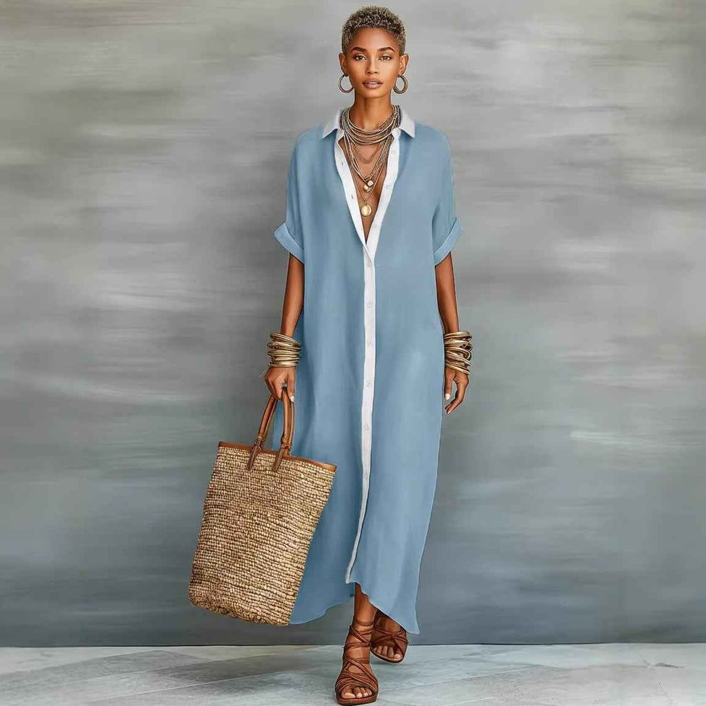 Women's Color-Block Loose Linen Maxi Dress | Fashionable & Casual Long Sundress