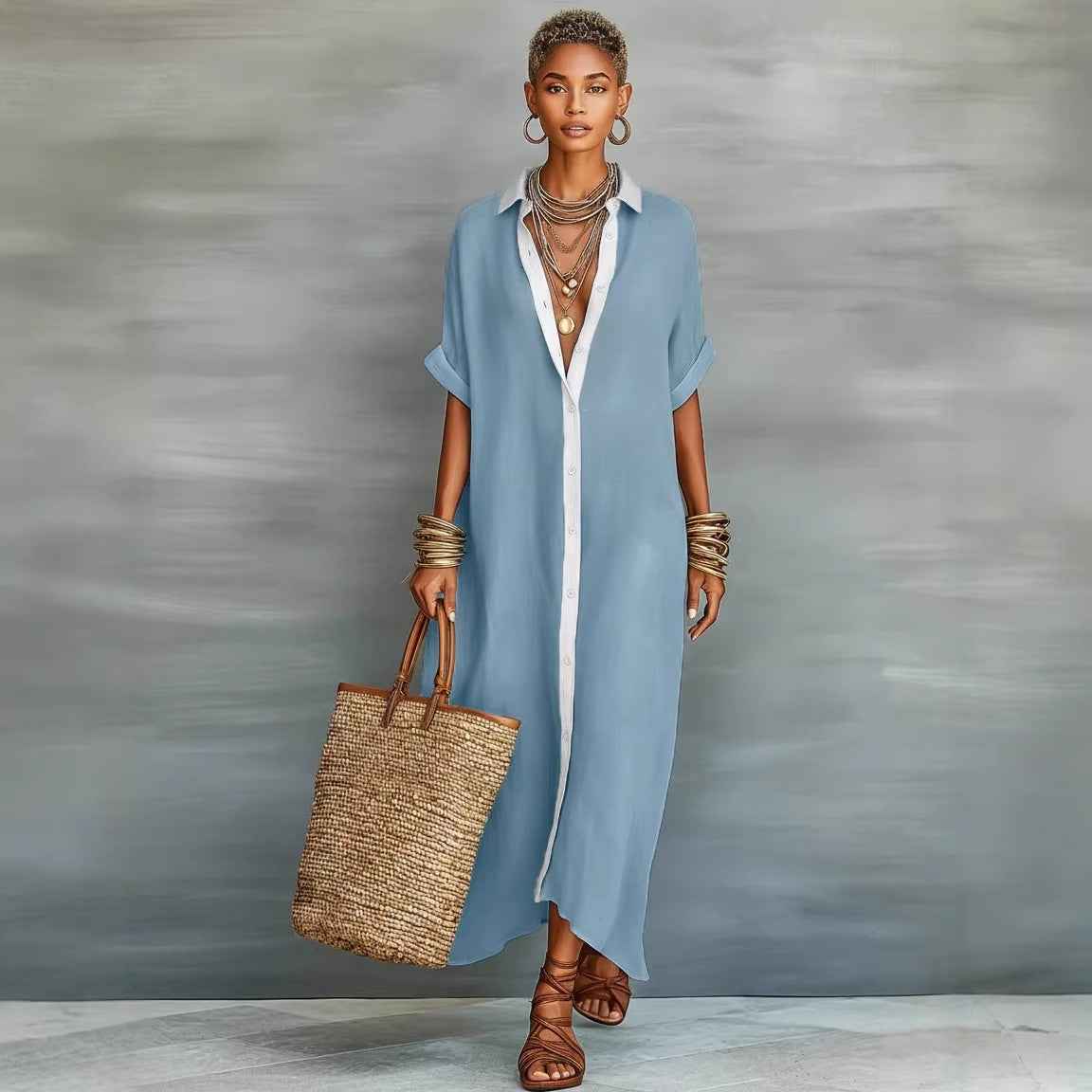 Women's Color-Block Loose Linen Maxi Dress | Fashionable & Casual Long Sundress