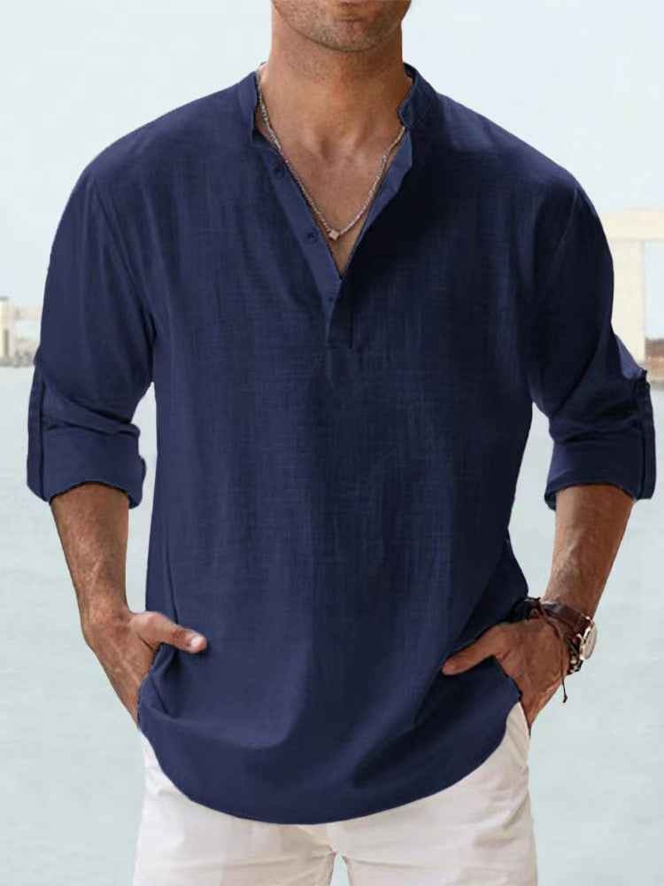 Men's Cotton Linen Casual Long Sleeve Shirt – Loose Fit Lightweight Pullover Tee