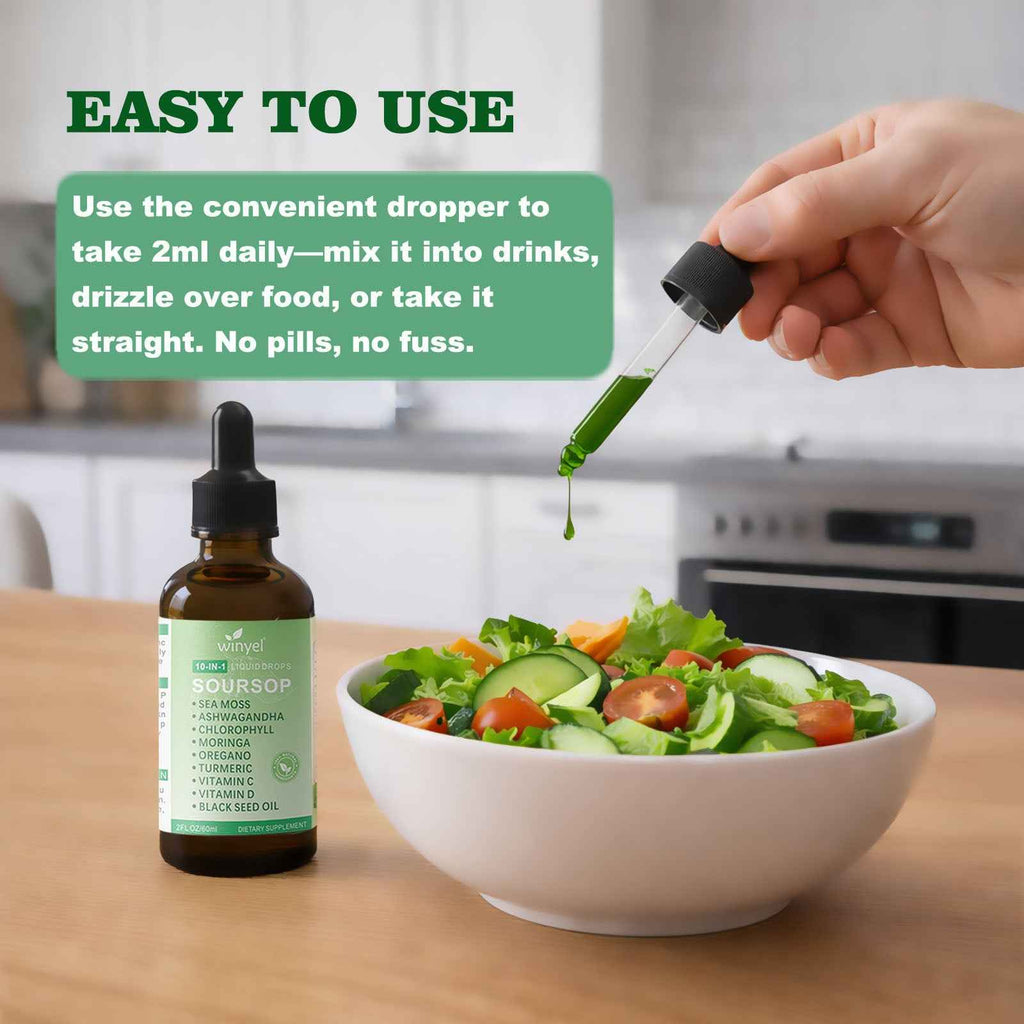 Soursop Drops 10-in-1 With Seaweed, Moringa, Black Seed Oil, Oregano, Ashwagandha, Chlorophyll  Herbal Extracts Promote Overall Health  Vegan 2 Fl Oz