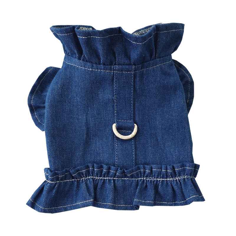 Pets Denim Dress for Dogs and Cats - Stylish Ruffled Vest Harness with Leash Hook in Blue Jeans