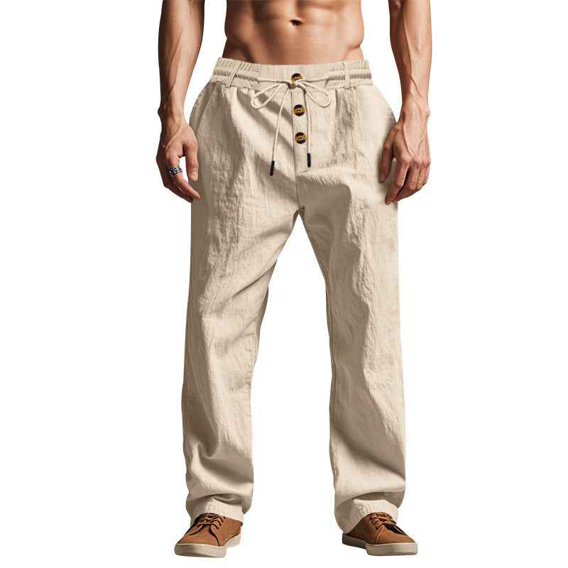 Men's Solid Button Design Linen Pants - Casual Comfy Breathable Beach & Holiday Trousers