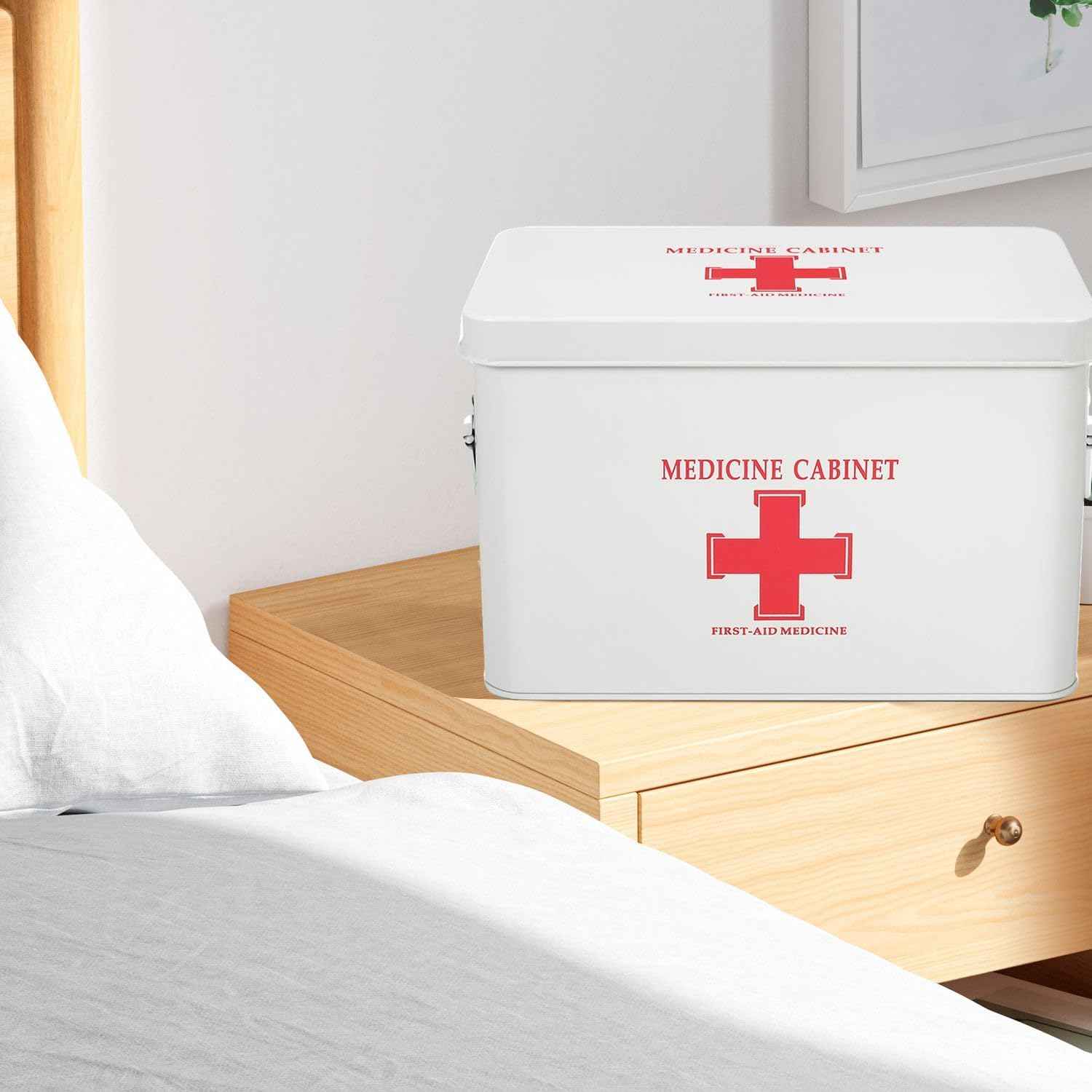Metal 2-Tier First Aid Kit Box & Medicine Storage Bin with Tray – Compact Emergency Organizer for Home, Office, and Car