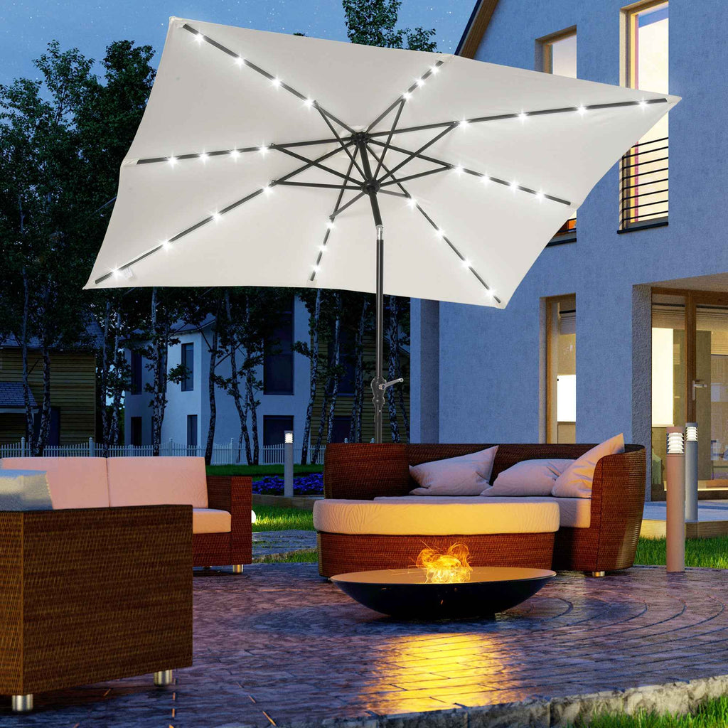 9 x 7 Patio Umbrella Outdoor Table Market Umbrella with Crank, Solar LED Lights, 45° Tilt, Push-Button Operation, for Deck, Backyard, Pool and Lawn, White