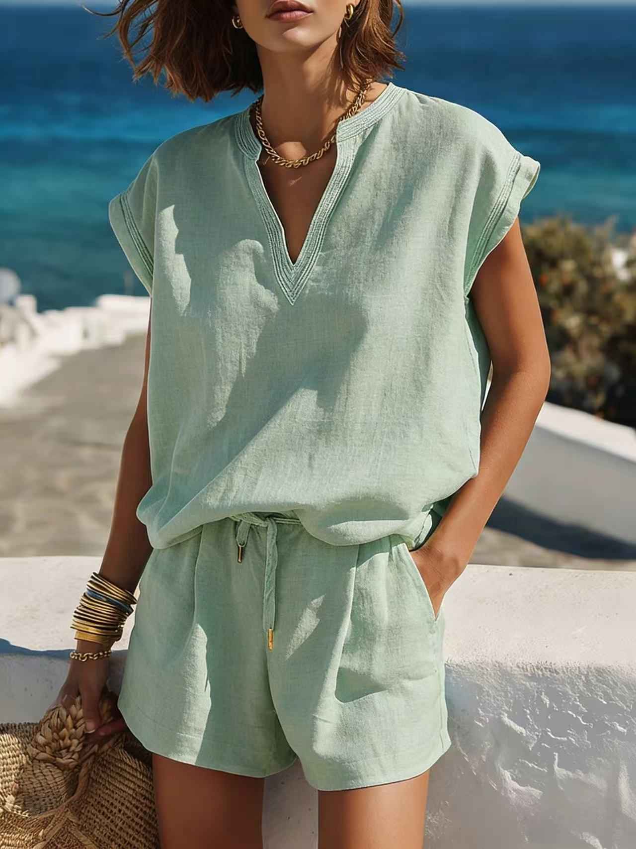 Women's Casual Resort-style Top And Shorts Set