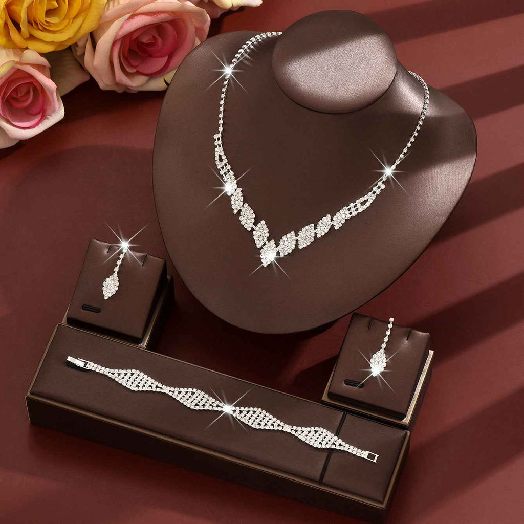 Diamond Rhombus Geometric Necklace Earrings Bracelet Jewelry Set – Sparkling Gold/Silver Finish