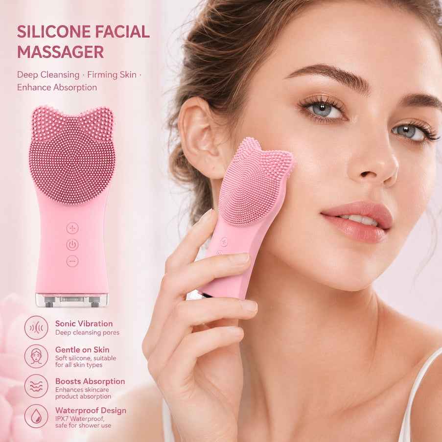 Handheld 2-in-1 Electric Silicone Facial Cleansing Brush, Exfoliator & Massager for Deep Cleansing