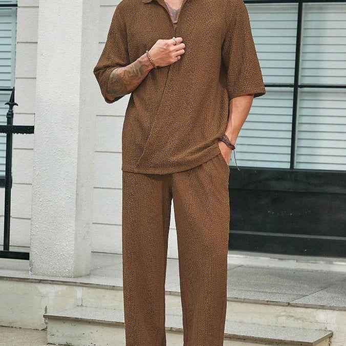 Men’s 2-Piece Summer Commuter Suit | Short-Sleeve Casual Top & Loose Straight Trousers Set