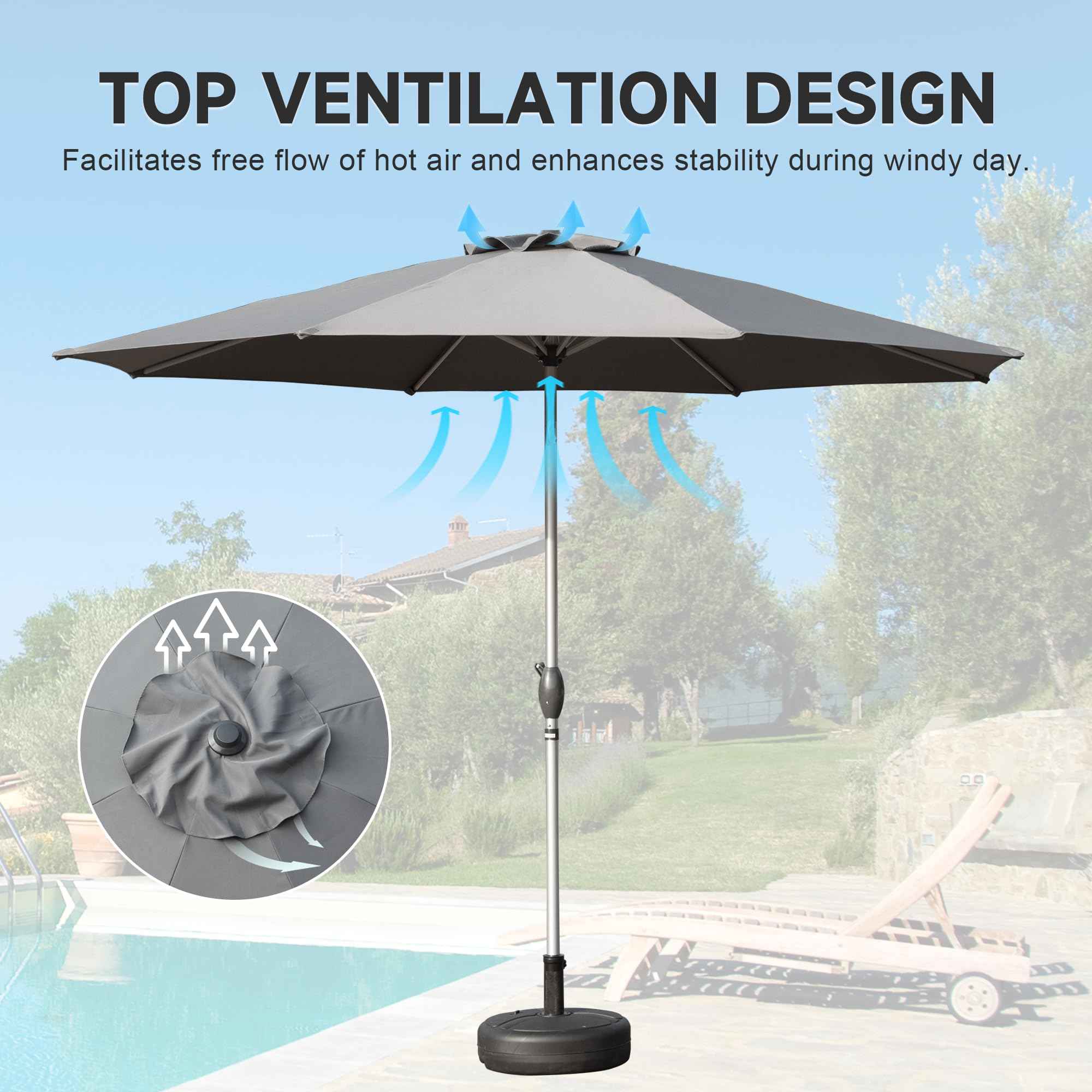 9FT Patio Umbrella, Outdoor Table Umbrella With Push Button Tilt And Crank, UV Protection Waterproof Market Sun Umbrella With 8 Sturdy Ribs For Garden, Deck, Backyard, Pool - Gray
