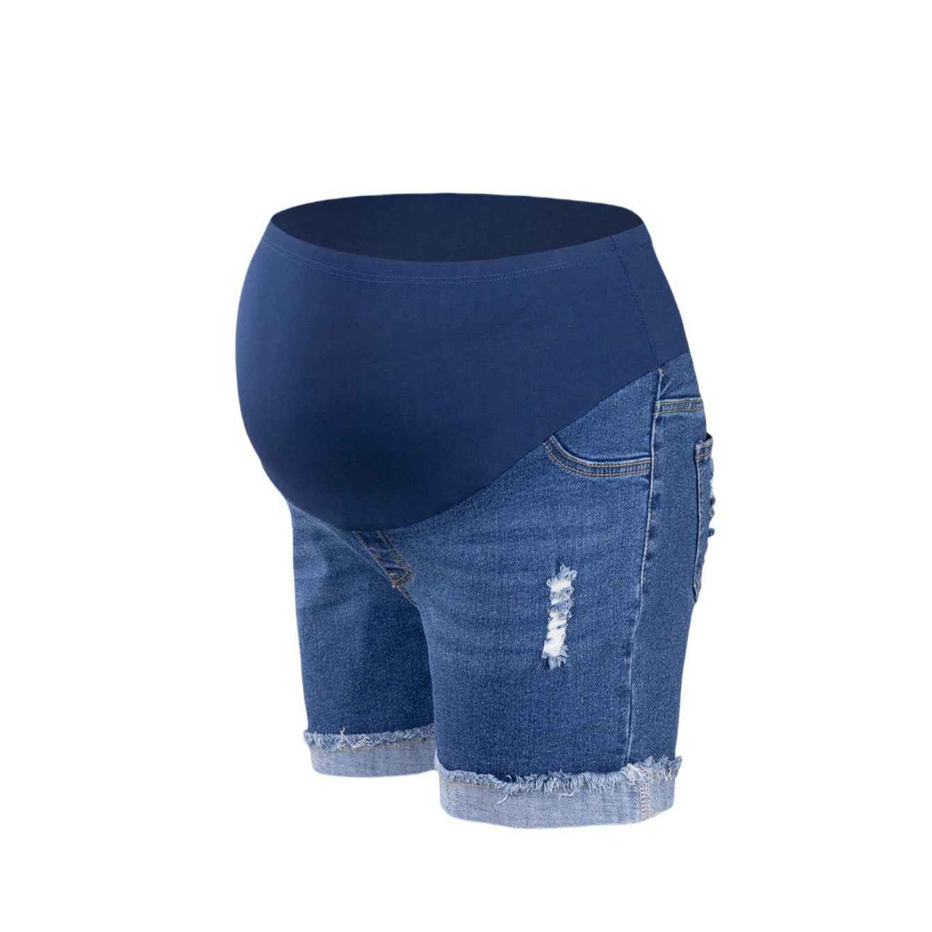 Women's Maternity Ripped Denim Shorts | Stretchy Belly Support Pregnancy Jeans
