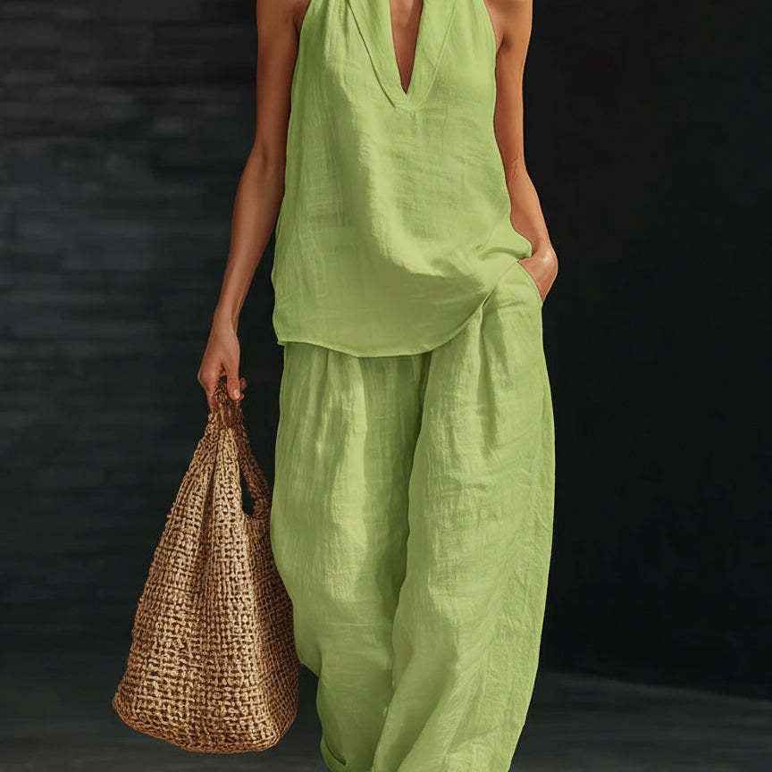 Women's Solid Halter V-Neck Sleeveless Top & Wide Leg Pants Two-Piece Set