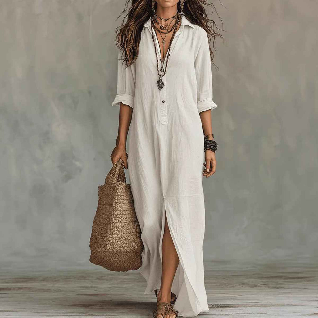 Spring Summer Cross-Border Casual Solid Color Notched Lapel Front Split Long Dress, Trendy Women's Fashion, Comfortable & Stylish
