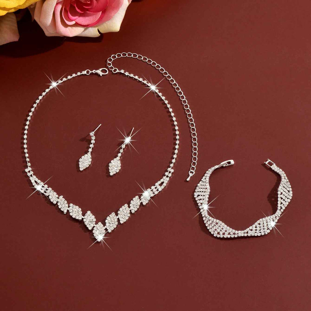 Diamond Rhombus Geometric Necklace Earrings Bracelet Jewelry Set – Sparkling Gold/Silver Finish