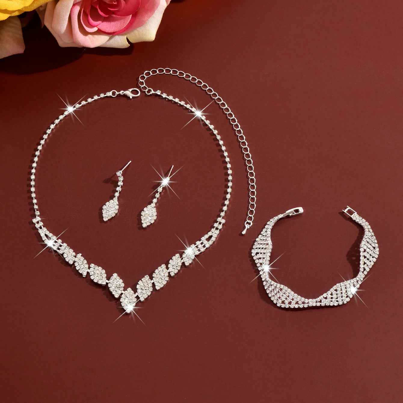 Diamond Rhombus Geometric Necklace Earrings Bracelet Jewelry Set – Sparkling Gold/Silver Finish