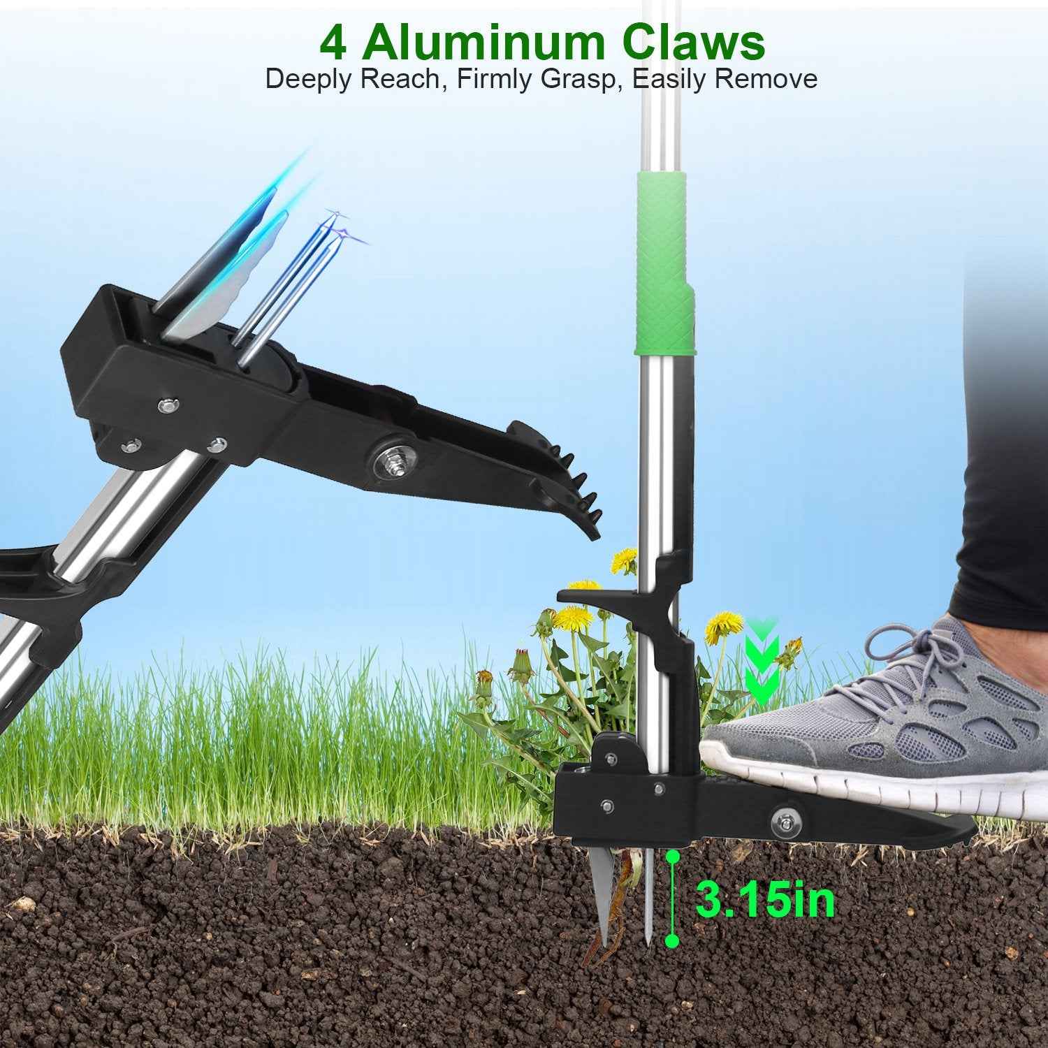 Stand Up Weed Puller Tool with 1Pc 4 Claws – No Bending or Kneeling Manual Aluminum Weeder for Lawn, Garden, and Yard