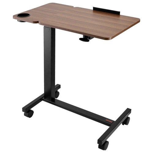 Adjustable Overbed Table with Tilting Desktop & Wheels – Black & Wood Grain Rolling Laptop Desk
