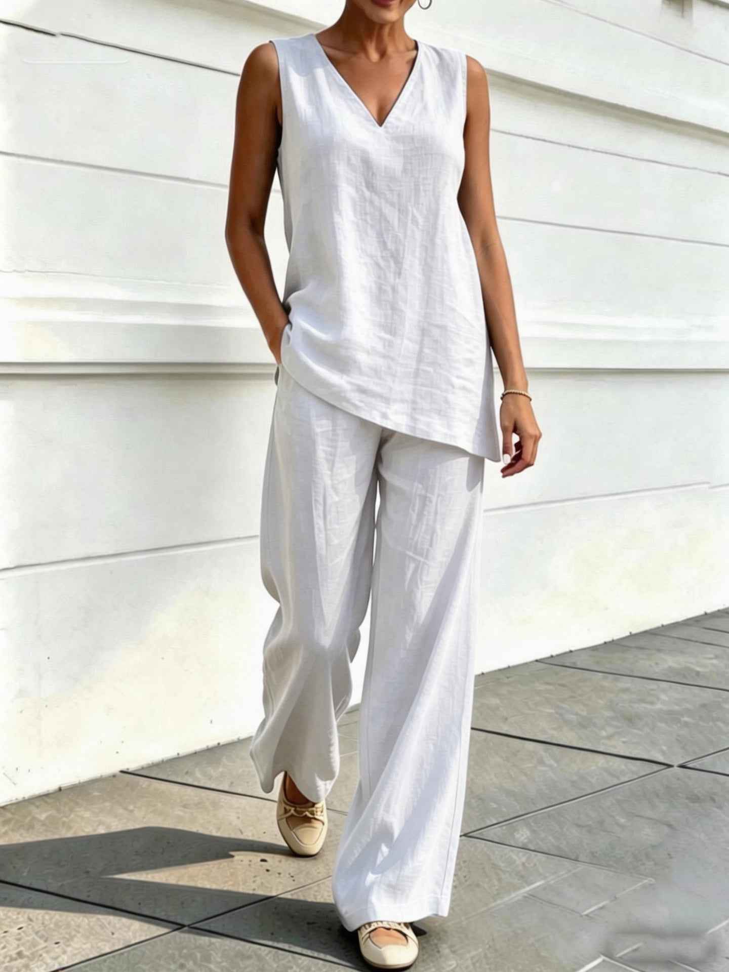 Womens V-neck Sleeveless Cotton-Linen Top And Wide-Leg Pants Set